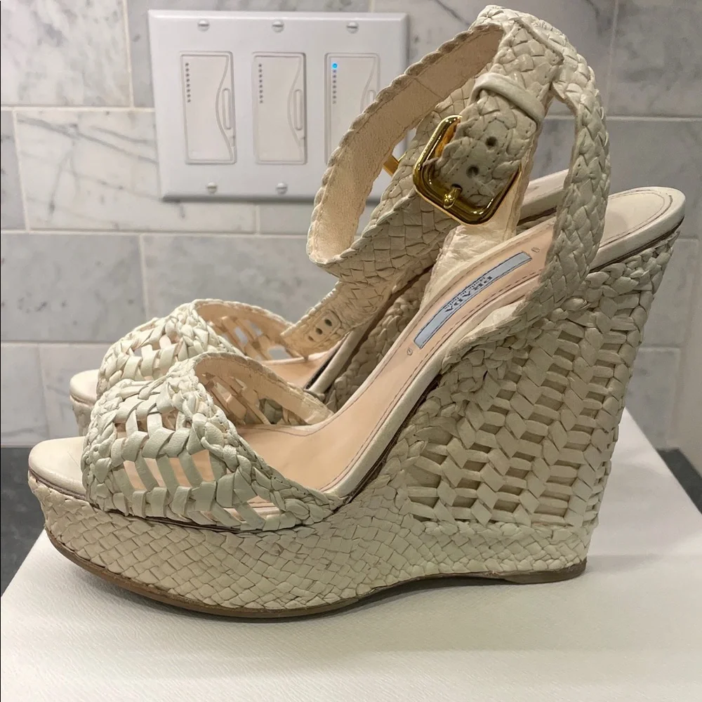 Prada Cream Woven Platform Wedge Sandals
